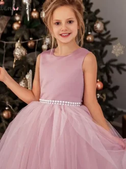 Cameo Pink Flower Girl Dress Beaded Jewel Neck Sleeveless Girls Party Dresses