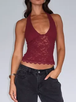 Cami Halter Pink Top U-Neck Lace Chic Backless Camis For Women