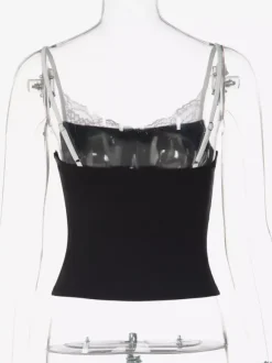 Cami Top Contrast Eyelash Lace Square Neck Spaghetti Strap Crop Cami Top