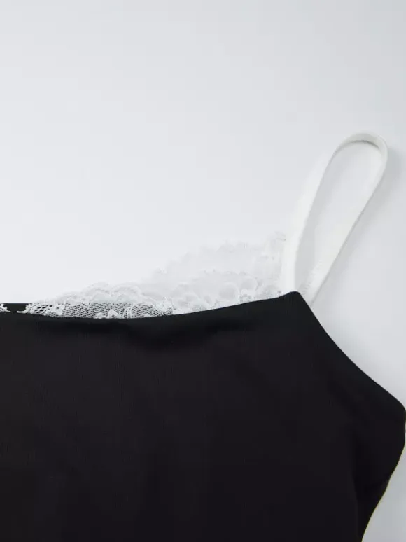 Cami Top Contrast Eyelash Lace Square Neck Spaghetti Strap Crop Cami Top