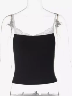 Cami Top Contrast Eyelash Lace Square Neck Spaghetti Strap Crop Cami Top