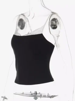 Cami Top Contrast Eyelash Lace Square Neck Spaghetti Strap Crop Cami Top