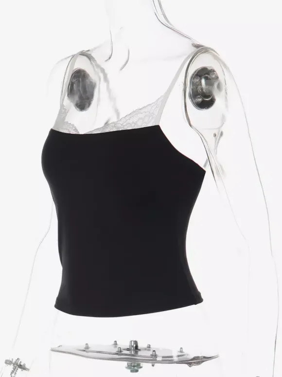 Cami Top Contrast Eyelash Lace Square Neck Spaghetti Strap Crop Cami Top