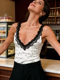 Cami Top Straps Neck Lace White Chic Polka Dot Summer Camis For Women