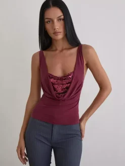 Cami Top Cowl Neck Sequins Casual Burgundy Camis For Women