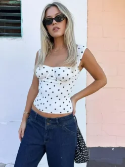 Cami Top Straps Neck Polka Dot Lace Casual Sleeveless White Women Summer Camis