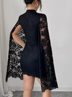 Cape Sleeve High Neck Floral Lace Bodycon Mini Dress For Women 2026