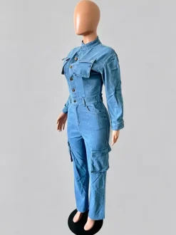 Cargo Denim Jumpsuit For Women - Light Blue Utility Style Accordion Pocket Wide Leg Jean Romper - Spring Streetwear 2026