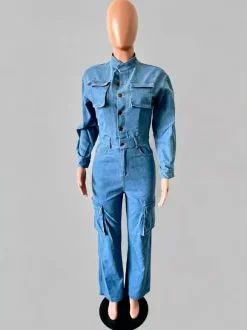 Cargo Denim Jumpsuit For Women - Light Blue Utility Style Accordion Pocket Wide Leg Jean Romper - Spring Streetwear 2026