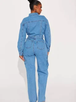 Cargo Denim Jumpsuit For Women - Light Blue Utility Style Accordion Pocket Wide Leg Jean Romper - Spring Streetwear 2026