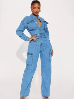 Cargo Denim Jumpsuit For Women - Light Blue Utility Style Accordion Pocket Wide Leg Jean Romper - Spring Streetwear 2026