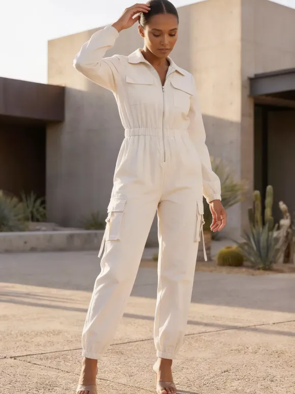 Cargo Jumpsuit With Elastic Waist And Pockets For Women 2026