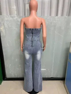 Cargo Strapless Denim Jumpsuit For Women - Blue Y2K Ripped Wide Leg Bodycon Playsuit With Pocket - Summer Night Out Club 2026