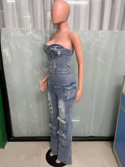 Cargo Strapless Denim Jumpsuit For Women - Blue Y2K Ripped Wide Leg Bodycon Playsuit With Pocket - Summer Night Out Club 2026