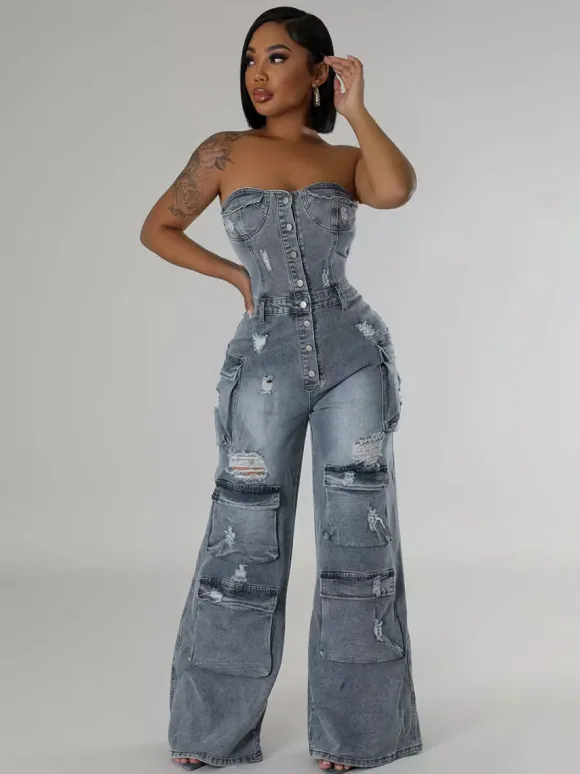 Cargo Strapless Denim Jumpsuit For Women - Blue Y2K Ripped Wide Leg Bodycon Playsuit With Pocket - Summer Night Out Club 2026