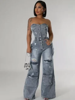 Cargo Strapless Denim Jumpsuit For Women - Blue Y2K Ripped Wide Leg Bodycon Playsuit With Pocket - Summer Night Out Club 2026