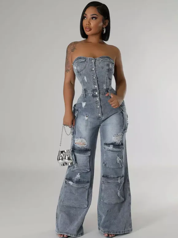Cargo Strapless Denim Jumpsuit For Women - Blue Y2K Ripped Wide Leg Bodycon Playsuit With Pocket - Summer Night Out Club 2026
