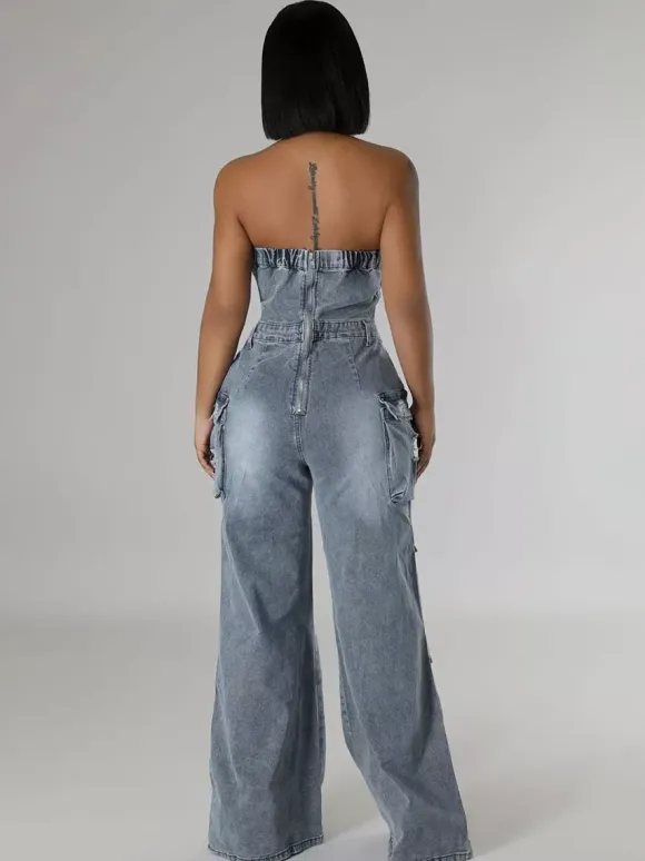 Cargo Strapless Denim Jumpsuit For Women - Blue Y2K Ripped Wide Leg Bodycon Playsuit With Pocket - Summer Night Out Club 2026