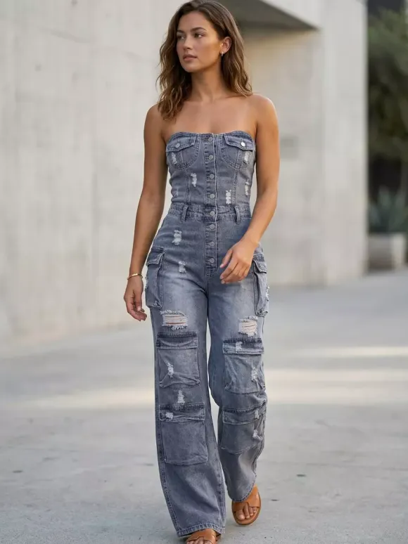 Cargo Strapless Denim Jumpsuit For Women - Blue Y2K Ripped Wide Leg Bodycon Playsuit With Pocket - Summer Night Out Club 2026