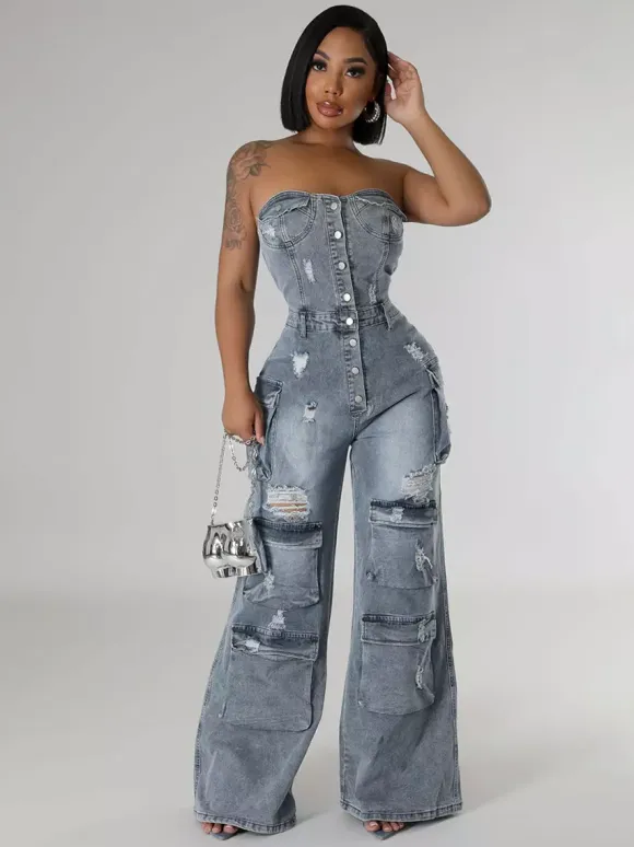 Cargo Strapless Denim Jumpsuit For Women - Blue Y2K Ripped Wide Leg Bodycon Playsuit With Pocket - Summer Night Out Club 2026