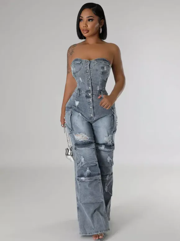 Cargo Strapless Denim Jumpsuit For Women - Blue Y2K Ripped Wide Leg Bodycon Playsuit With Pocket - Summer Night Out Club 2026