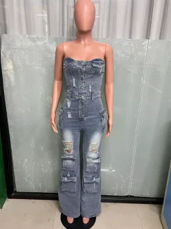 Cargo Strapless Denim Jumpsuit For Women - Blue Y2K Ripped Wide Leg Bodycon Playsuit With Pocket - Summer Night Out Club 2026
