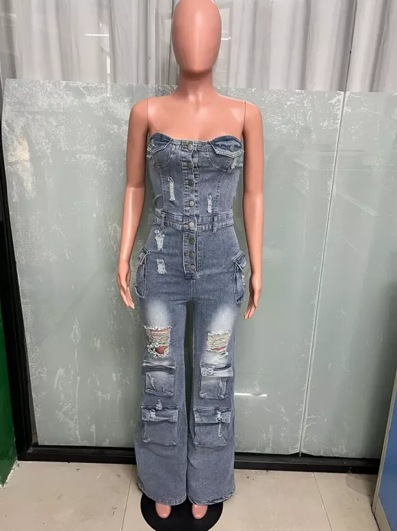 Cargo Strapless Denim Jumpsuit For Women - Blue Y2K Ripped Wide Leg Bodycon Playsuit With Pocket - Summer Night Out Club 2026
