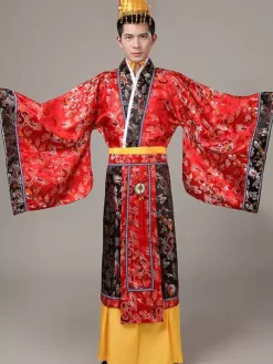 Carnival Chinese Costume Gold Emperor Long Gown With Sash And Hat For Men