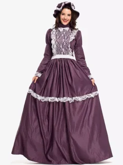 Carnival Costumes Fuchsia Retro Tudor Dress Costumes Women's Costume Bow Lace Lace Ruffles Lace Headwear Dress Middle Ages Vintage Clothing