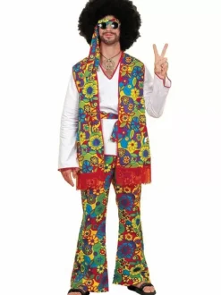 Carnival Starflower Hippie Costume Retro Men Floral Print Green Pants And Vest Costume Set