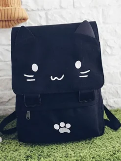 Casual Lolita Backpack Cute Cat Black Canvas Bag