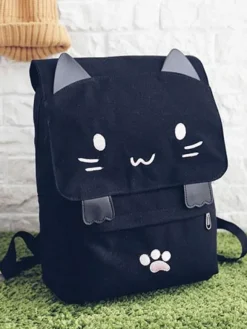 Casual Lolita Backpack Cute Cat Black Canvas Bag