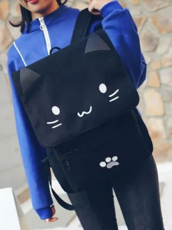 Casual Lolita Backpack Cute Cat Black Canvas Bag