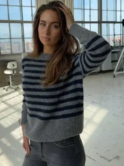 Casual Stripe Knit Sweater Loose Fit Crew Neck Pullover For Women 2026