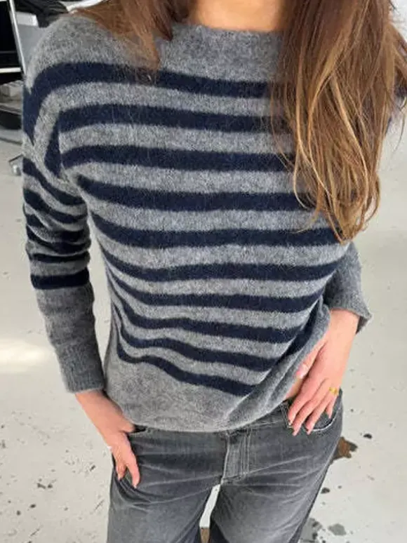Casual Stripe Knit Sweater Loose Fit Crew Neck Pullover For Women 2026