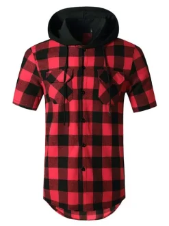 Casual Shirt For Men Hooded Casual Plaid Red Men's Shirts