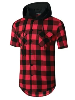 Casual Shirt For Men Hooded Casual Plaid Red Men's Shirts