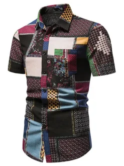 Casual Shirt For Men Turndown Collar Chic Geometric Black Men's Shirts