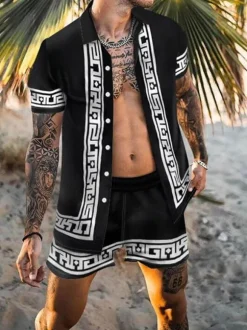 Casual Shirt For Men Turndown Collar Casual Printed Black Men's Shirts