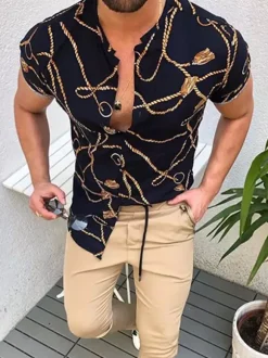 Casual Shirt For Men Turndown Collar Casual Printed Orange Men's Shirts