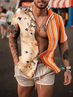 Casual Shirt For Men Turndown Collar Casual Printed Orange Men's Shirts