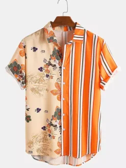 Casual Shirt For Men Turndown Collar Casual Printed Orange Men's Shirts