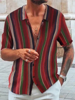 Casual Shirt For Men Turndown Collar Classic Printed Red Men's Shirts