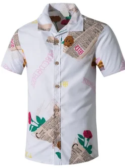 Casual Shirt For Men Turndown Collar Casual Words Print White Men's Shirts