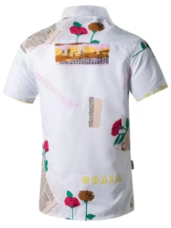 Casual Shirt For Men Turndown Collar Casual Words Print White Men's Shirts