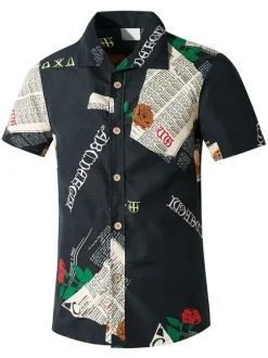 Casual Shirt For Men Turndown Collar Casual Words Print White Men's Shirts