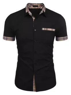Casual Shirt For Men Turndown Collar Casual Removable Color Block Hunter Green Men's Shirts
