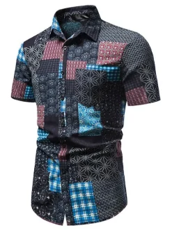 Casual Shirt For Men Turndown Collar Chic Geometric Black Men's Shirts