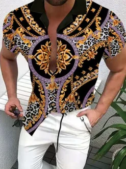 Casual Shirt For Men Turndown Collar Casual Printed Black Men's Shirts