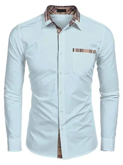 Casual Shirt For Men Turndown Collar Casual Removable Color Block Baby blue Men's Shirts